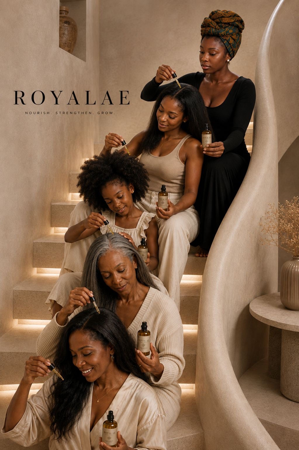 Women of several generations applying ROYALAE hair oil together