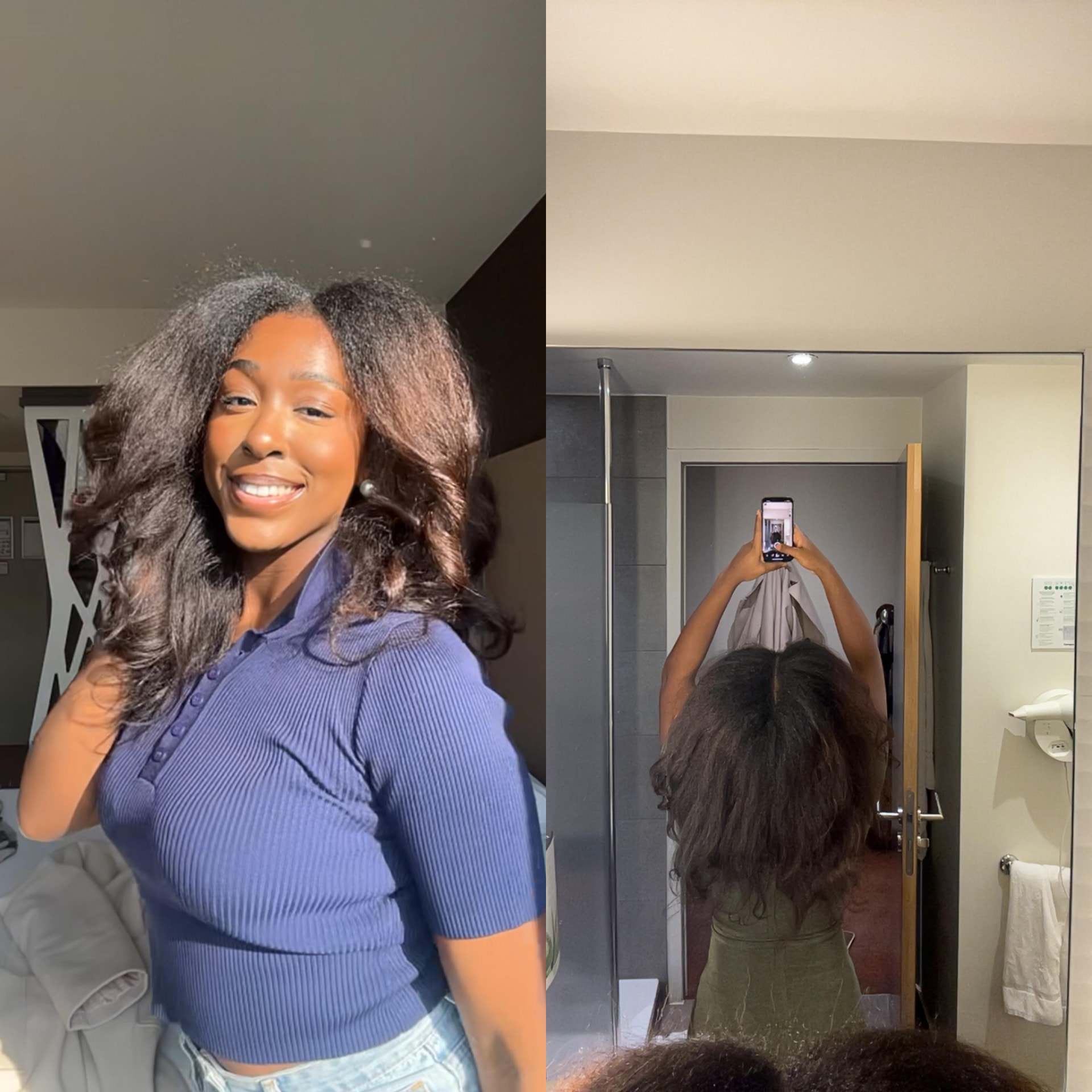 Before and after showing soft, defined curls with ROYALAE hair oil